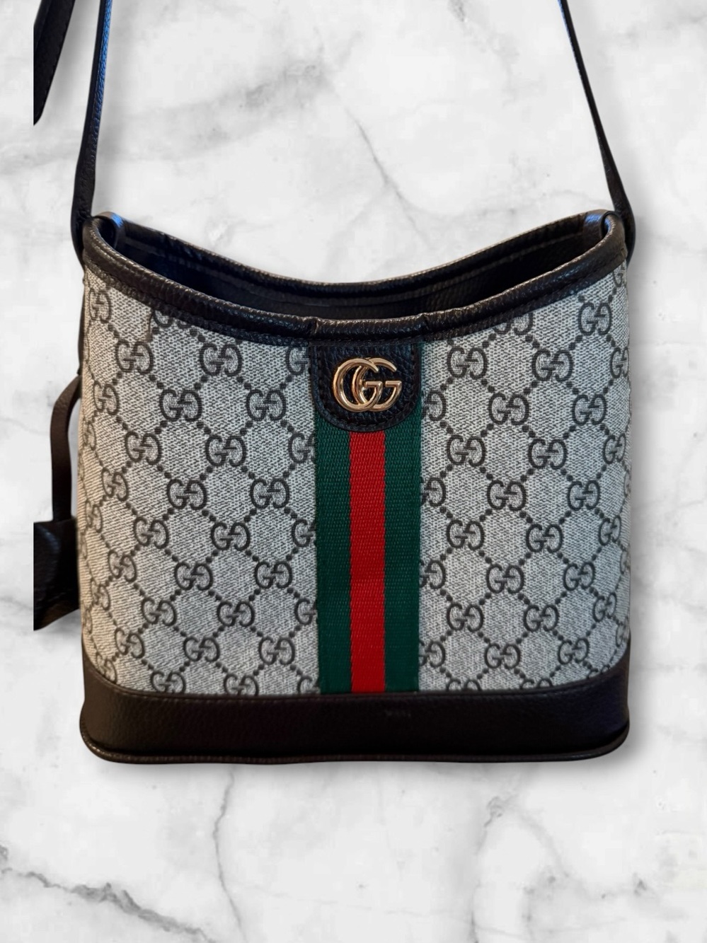 Source Unknown Tan Monogram Crossbody with Green-Red Stripe & Dark Brown Trim